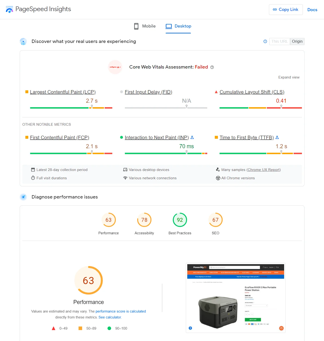 PageSpeed Insights report showing a performance score of 63, accessibility score, best practices score and SEO score.